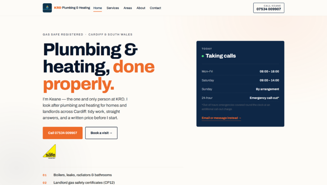 KRD Plumbing & Heating website screenshot